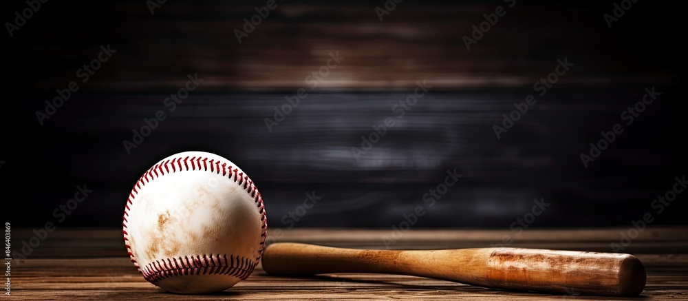 A sport concept captured in a close up image of a baseball and bat placed on a wooden table with a copy space background A sport concept captured in a close up image of a baseball and bat placed on a wooden table with a copy space background