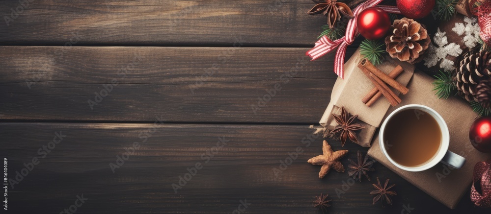A cozy Christmas themed flat lay featuring handmade presents wrapped in craft paper a cup of hot chocolate and knitted gloves Ideal for copy space images A cozy Christmas themed flat lay featuring handmade presents wrapped in craft paper a cup of hot chocolate and knitted gloves Ideal for copy space images