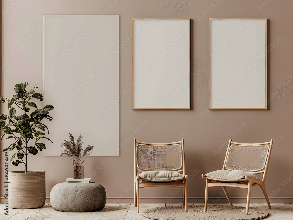 Three blank frames mockup hang in a living room Three blank frames mockup hang in a living room