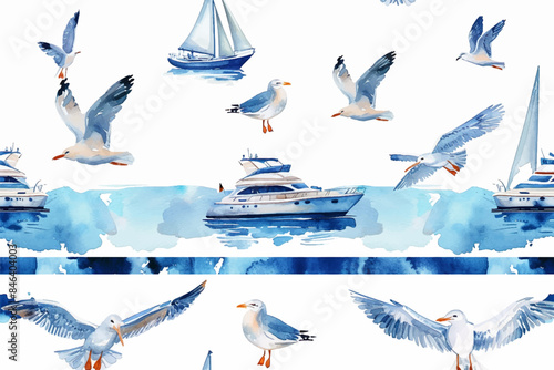 Picturesque seamless border pattern of speedboats, yacht, seagulls and blue stripes hand drawn in watercolor isolated on a white background. Watercolor seamless border.
