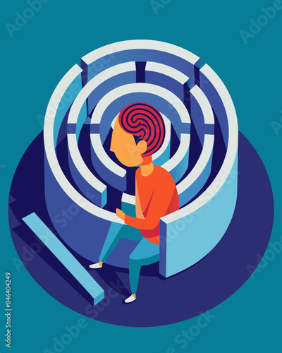 Trapped in the maze of their own mind the person struggles to break free from the mental manipulation and find their way to clarity.. Vector illustration