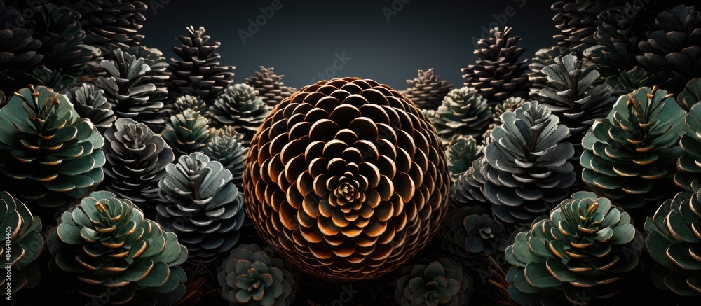 A land art style artwork featuring circular pine cone formations Copy space image A land art style artwork featuring circular pine cone formations Copy space image