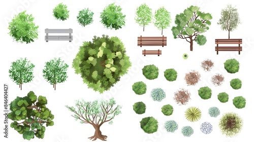 Top view elements for the landscape design plan. Trees and benches for architectural floor plans. Entourage design. Various trees, bushes, and shrubs.