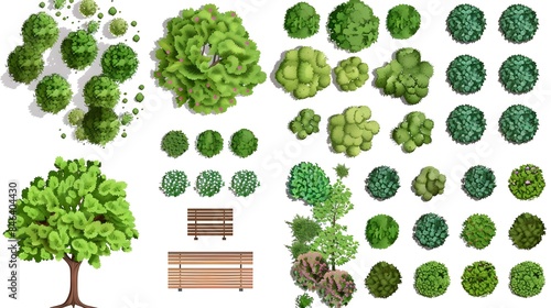 Top view elements for the landscape design plan. Trees and benches for architectural floor plans. Entourage design. Various trees, bushes, and shrubs.