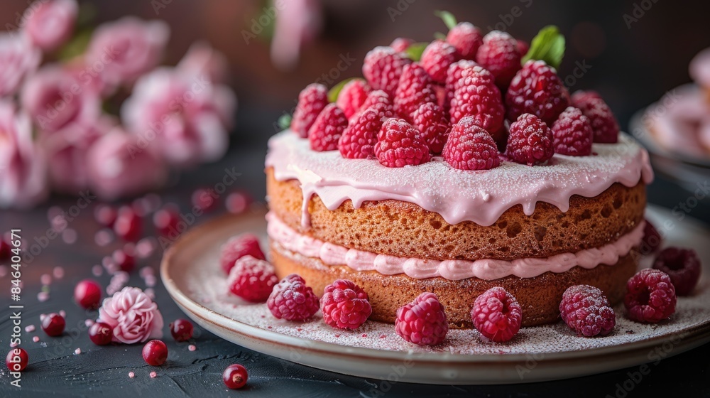 Homemade raspberry layer cake with pink frosting and fresh berries. Homemade raspberry layer cake with pink frosting and fresh berries.