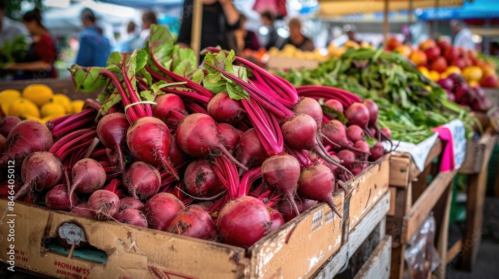 Yellow and red beetroots with leaves in wooden crates at farmers market.