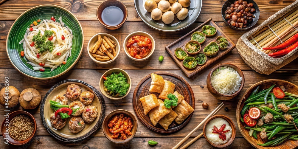 Fototapeta premium Traditional Chinese cuisine gathered assortment of dishes on a table, Chinese food, menu, restaurant, delicious, cuisine, culinary, culture, banquet, variety, assortment, table, meal, Oriental