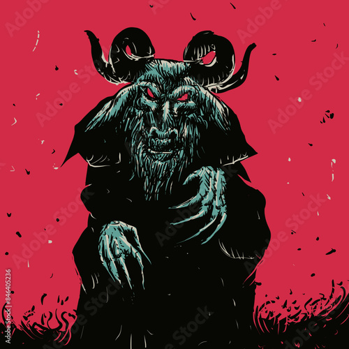 Satan, demon with horned goat head Baphomet. Shadow of devil, Lucifer.