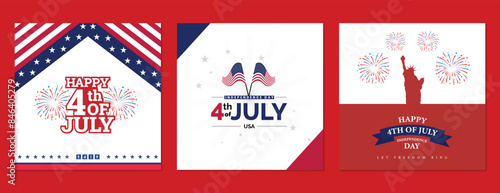 Happy 4th of july three social media post design usa, america, indenpendence, day, banner, red, blue, star, vector illustration