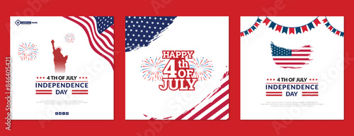 Happy 4th of july three social media post design usa, america, indenpendence, day, banner, red, blue, star, vector illustration