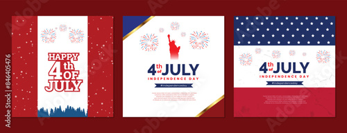 Happy 4th of july three social media post design usa, america, indenpendence, day, banner, red, blue, star, vector illustration