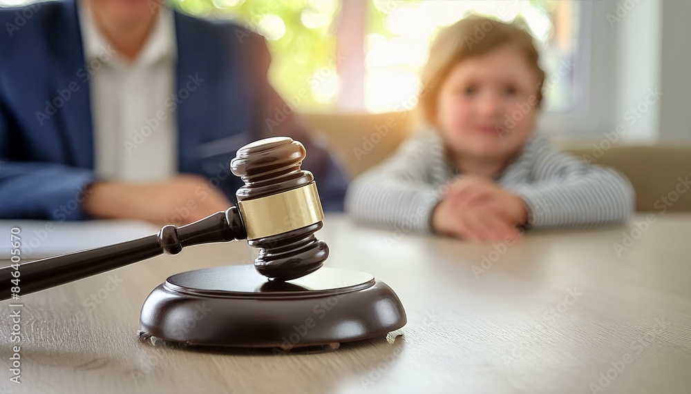 Close up of a legal judges hammer with a blurred child in the background. Child custody concept Close up of a legal judges hammer with a blurred child in the background. Child custody concept