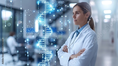A female scientist stands in a laboratory with her arms crossed, looking intently at a large DNA strand visualization