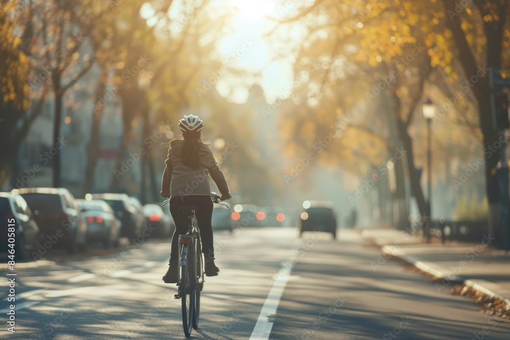 Urban Cyclist Enjoying Sunny Autumn Ride on City Street Urban Cyclist Enjoying Sunny Autumn Ride on City Street