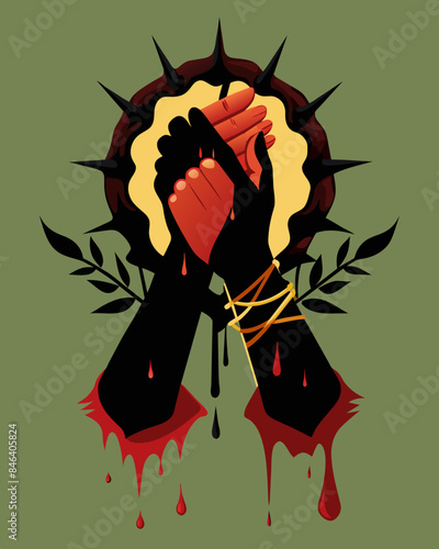Two hands clasped together with sharp thorns protruding from them and a dark toxic substance oozing out representing a love that brings pain and toxicity.. Vector illustration