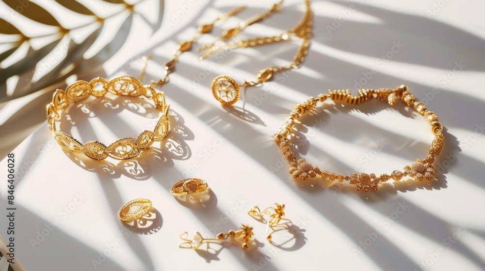 Elegant Gold Jewelry Set Displayed in Sunlight Shadows Elegant Gold Jewelry Set Displayed in Sunlight Shadows