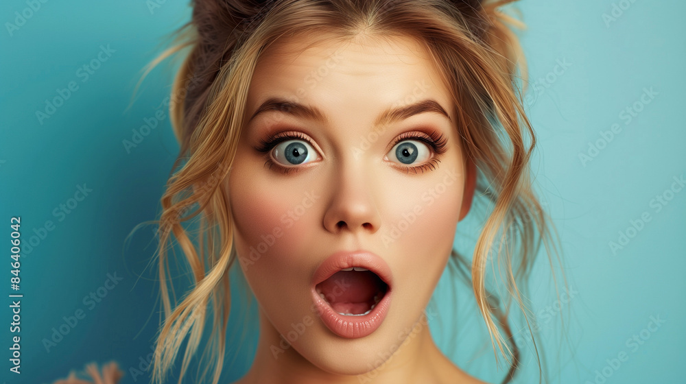 The beautiful woman's face shows surprise, which makes her look really charming. Her facial expression exudes energy and joy at what just happened. The beautiful woman's face shows surprise, which makes her look really charming. Her facial expression exudes energy and joy at what just happened.