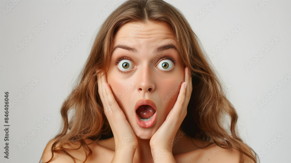 The beautiful woman's face shows surprise, which makes her look really charming. Her facial expression exudes energy and joy at what just happened. The beautiful woman's face shows surprise, which makes her look really charming. Her facial expression exudes energy and joy at what just happened.