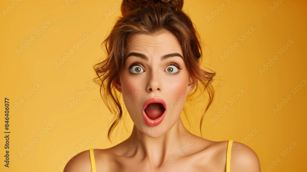 The beautiful woman's face shows surprise, which makes her look really charming. Her facial expression exudes energy and joy at what just happened. The beautiful woman's face shows surprise, which makes her look really charming. Her facial expression exudes energy and joy at what just happened.
