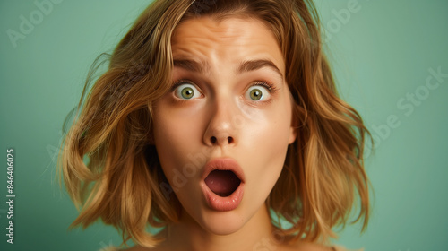 The beautiful woman's face shows surprise, which makes her look really charming. Her facial expression exudes energy and joy at what just happened.
