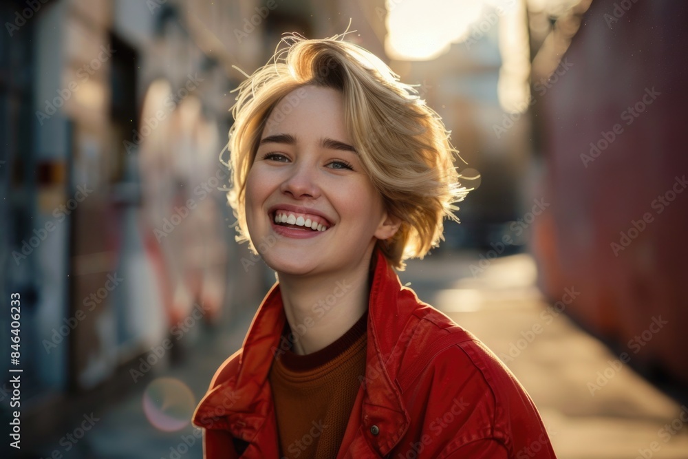 Joyful Woman Smiling in Urban Sunset Light Joyful Woman Smiling in Urban Sunset Light