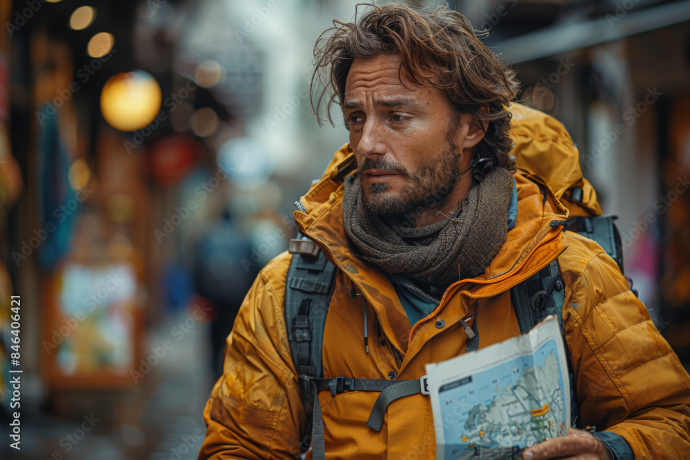 A stranger giving directions to a lost tourist. Concept of directional help. Generative Ai. A stranger giving directions to a lost tourist. Concept of directional help. Generative Ai.