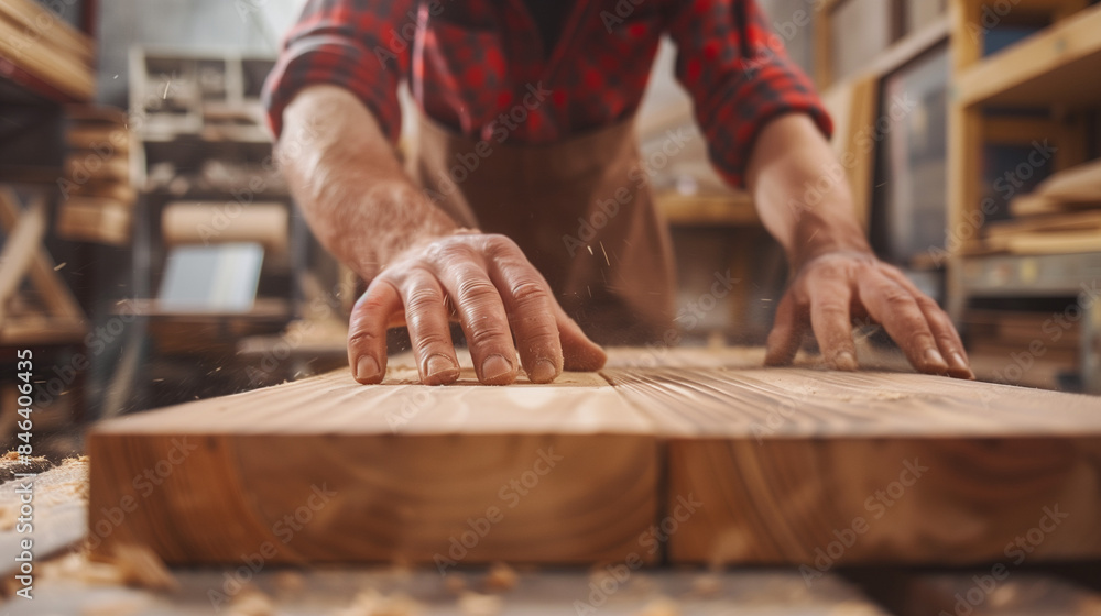 A close-up of a man, the owner of a small furniture company, preparing wood for production. A carpenter sets the wood, trying to obtain the exact dimensions needed to create high-quality furniture. A close-up of a man, the owner of a small furniture company, preparing wood for production. A carpenter sets the wood, trying to obtain the exact dimensions needed to create high-quality furniture.