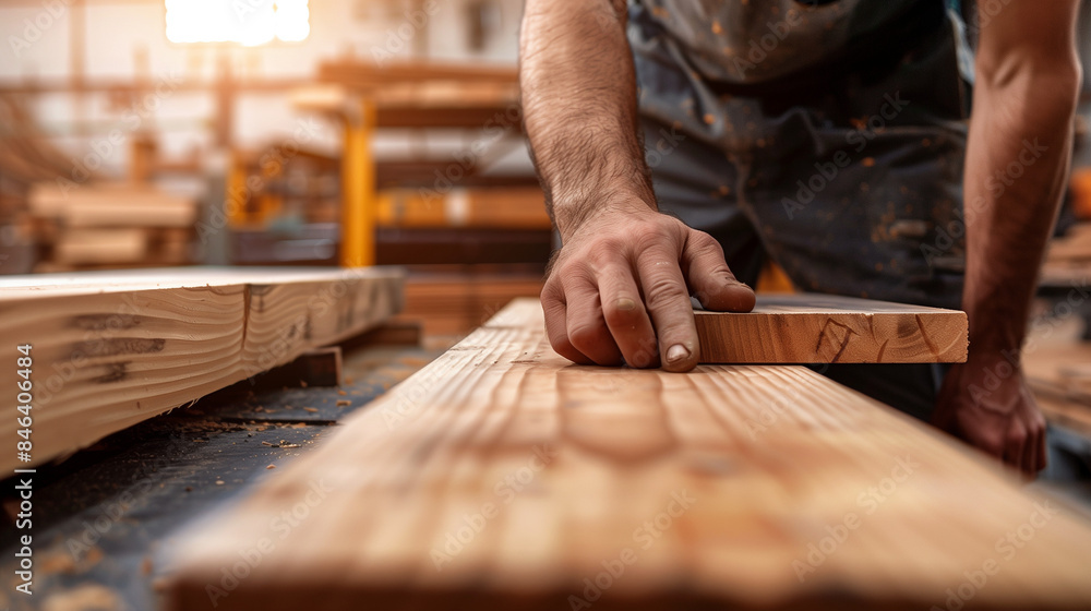 A close-up of a man, the owner of a small furniture company, preparing wood for production. A carpenter sets the wood, trying to obtain the exact dimensions needed to create high-quality furniture. A close-up of a man, the owner of a small furniture company, preparing wood for production. A carpenter sets the wood, trying to obtain the exact dimensions needed to create high-quality furniture.