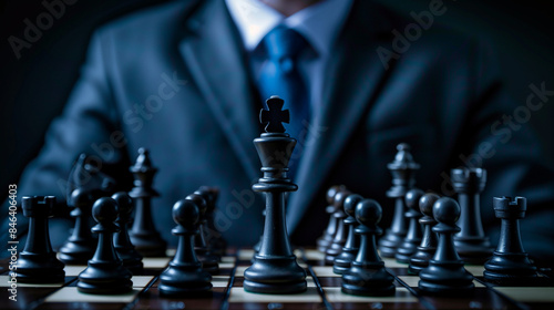 The man in the suit concentrates on the chess board, carefully planning every move, reflecting his strategic thinking and ability to lead in business competition.