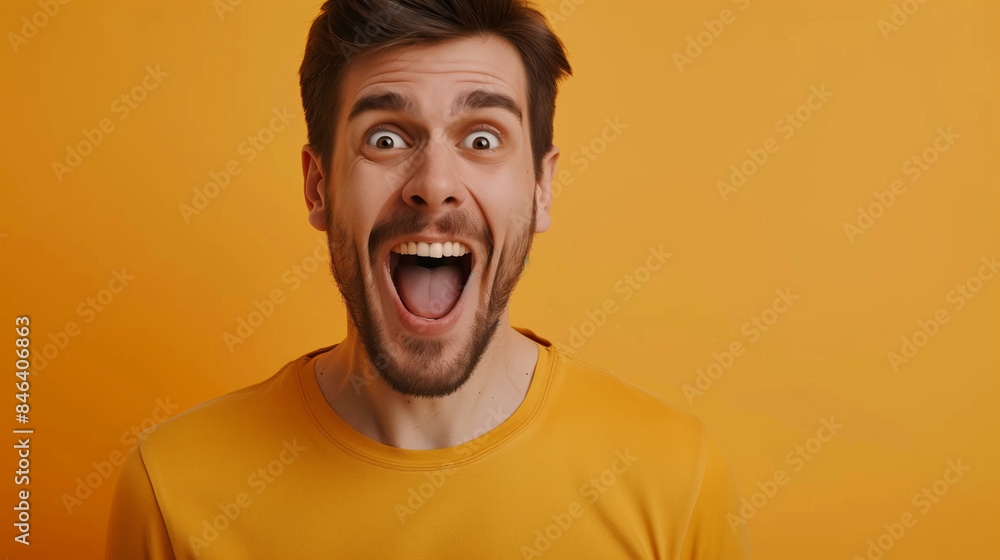 The handsome man seems surprised and excited, his face radiates joy and a smile. The handsome man seems surprised and excited, his face radiates joy and a smile.