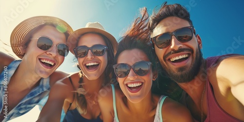 Four friends posing for a cheerful selfie, enjoying the sunshine together with wide smiles, capturing a fun and memorable moment of friendship and joy under the blue sky.