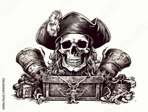 Pirtish skull in a cocked hat and a treasure chest. Vintage engraving, woodcut. Vector set