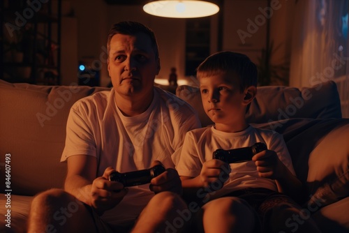 Father and son play video games sitting on sofa at home. AI generative