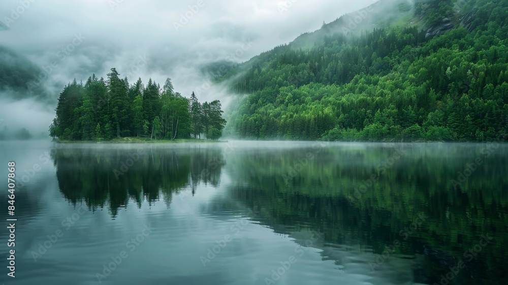 Foggy forest island reflected in calm lake surrounded by mist. Nature landscape photography Foggy forest island reflected in calm lake surrounded by mist. Nature landscape photography