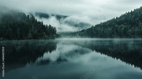 Foggy forest island reflected in calm lake surrounded by mist. Nature landscape photography