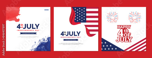 Happy 4th of july three social media post design usa, america, indenpendence, day, banner, red, blue, star, vector illustration