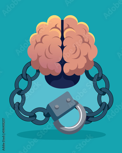 Thick iron shackles wrap around the brain stifling creativity and innovation.. Vector illustration