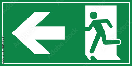 A Man Run to Exit Door Sign with Arrow show direction Left Symbolizing Emergency Evacuation