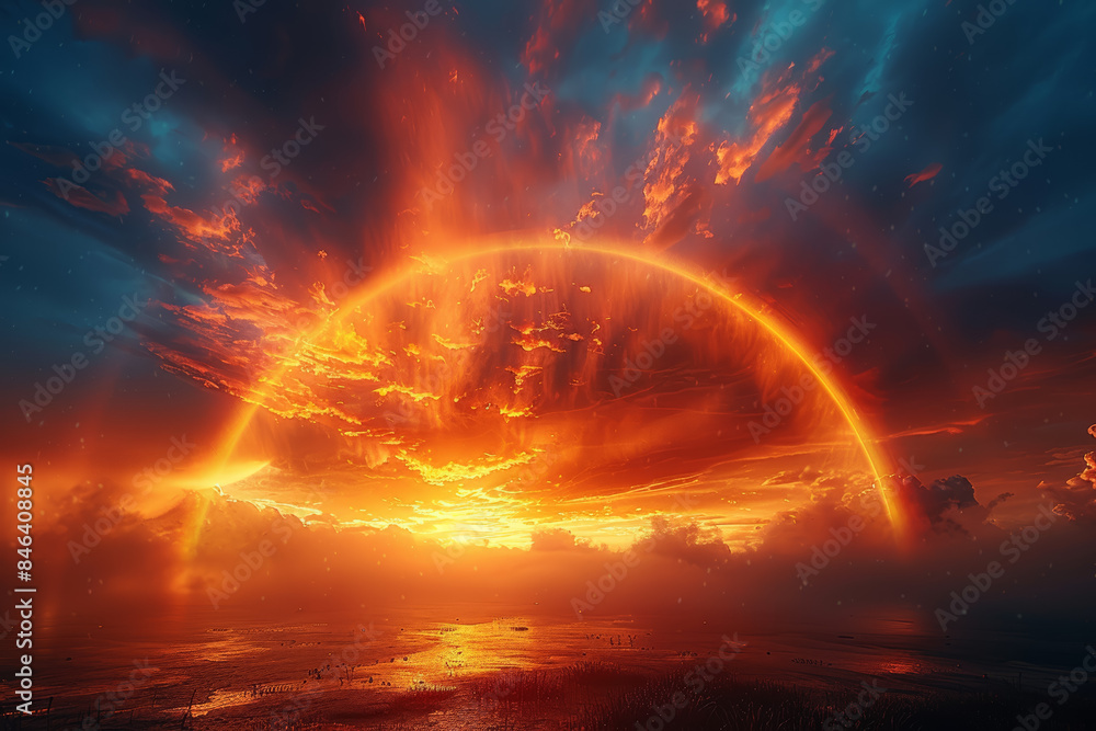 Fototapeta premium A stormy sky meeting a rainbow. Concept of turmoil vs. hope. Generative Ai.