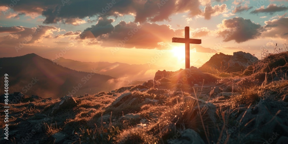 Fototapeta premium A cross is on a hillside with a beautiful sunset in the background
