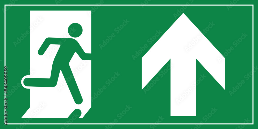 A Man Run to Exit Door Sign with Arrow show direction Up Right Symbolizing Emergency Evacuation A Man Run to Exit Door Sign with Arrow show direction Up Right Symbolizing Emergency Evacuation