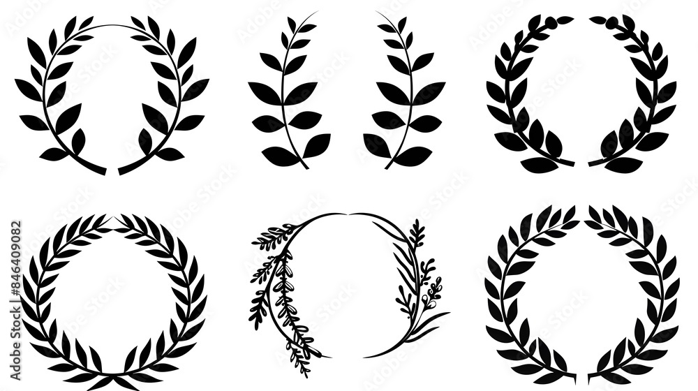 Set black silhouette circular laurel foliate, wheat and oak wreaths depicting an award, achievement, heraldry, nobility on white background. Emblem floral greek branch flat style Set black silhouette circular laurel foliate, wheat and oak wreaths depicting an award, achievement, heraldry, nobility on white background. Emblem floral greek branch flat style