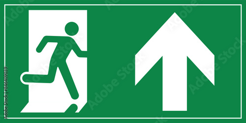 A Man Run to Exit Door Sign with Arrow show direction Up Right Symbolizing Emergency Evacuation