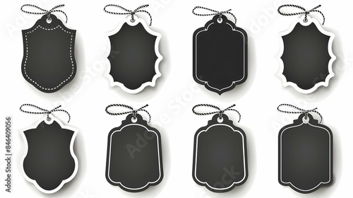 Set of black blank labels with cute white frame vector illustration isolated on white. Price tag, sale sticker, quality mark, sale or discount sticker, promotional badge set, shopping label, white bac photo
