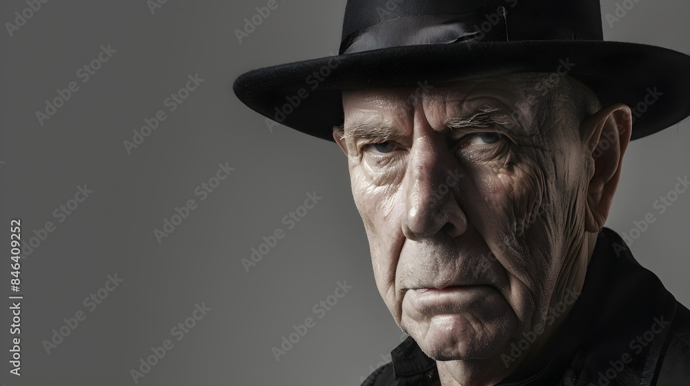 senior man wearing a black hat on grey background looking at camera senior man wearing a black hat on grey background looking at camera