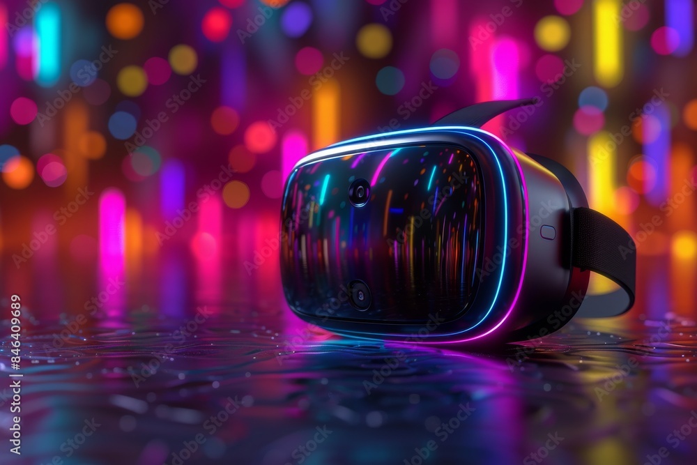 VR headset with colorful lighting in a neon lit environment, showcasing modern virtual reality technology VR headset with colorful lighting in a neon lit environment, showcasing modern virtual reality technology