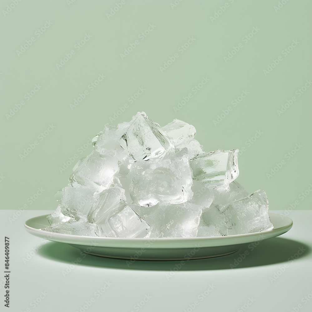 Plate of Crystal Clear Ice Cubes on a Pale Green Background.. Plate of Crystal Clear Ice Cubes on a Pale Green Background..