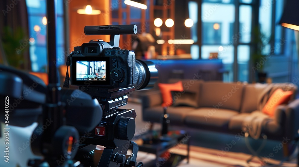 Modern Video Camera with Digital Display Recording a Cozy Living Room Setup with Warm Lighting Modern Video Camera with Digital Display Recording a Cozy Living Room Setup with Warm Lighting