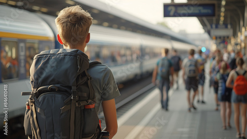 Backpacker wartet am Bahnhof auf seinen Zug in den Urlaub photo