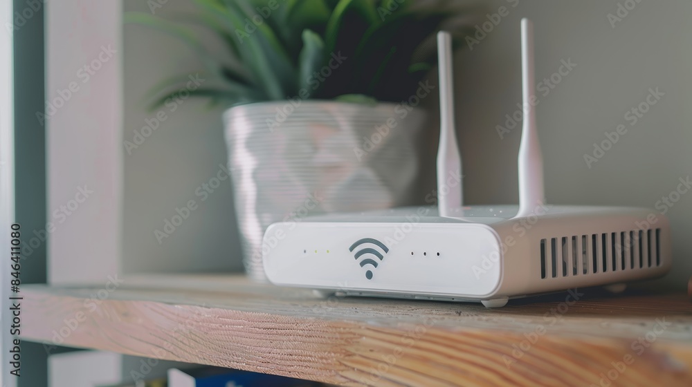 white Wi-Fi router on wooden table indoors